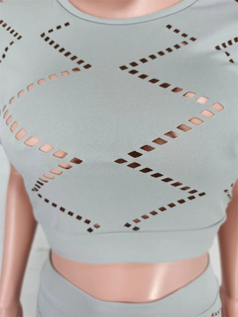 Active Wear Short Sets for Women Two Piece Outfits 2023 Summer Hollow Out Short Sleeve Crop Top and Shorts Suits Tracksuit Sport