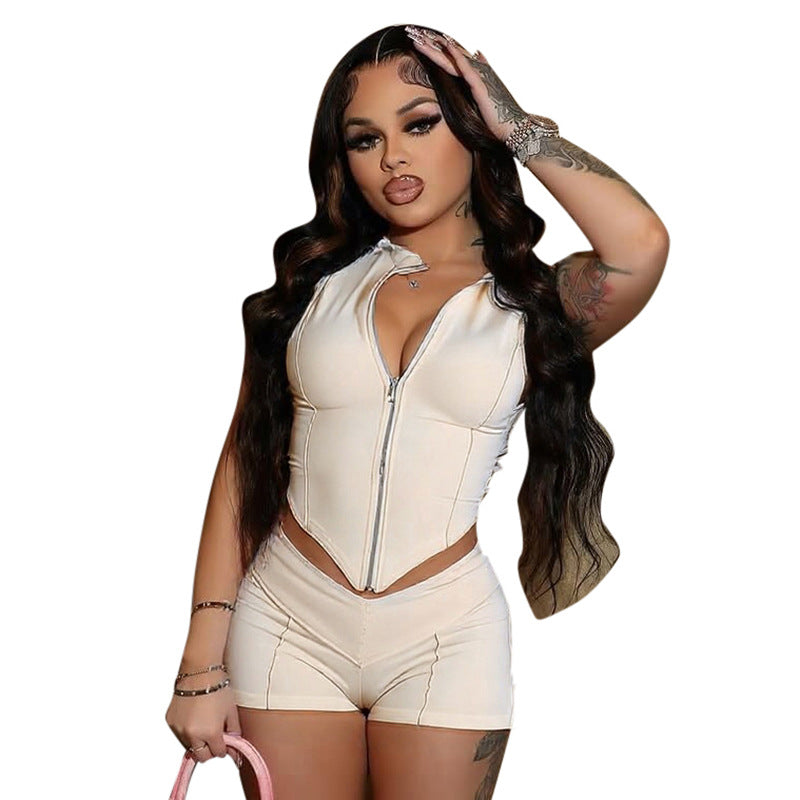 Lapel Sleeveless Line Casual Sexy Bare Midriff High Waist Close-fitting Shorts Suit