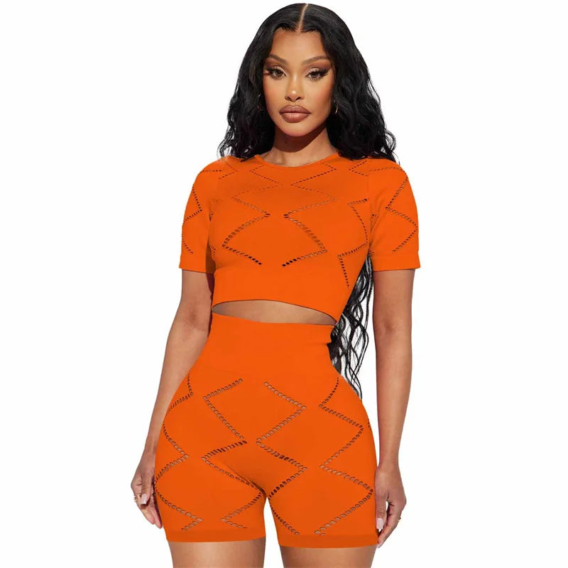 Active Wear Short Sets for Women Two Piece Outfits 2023 Summer Hollow Out Short Sleeve Crop Top and Shorts Suits Tracksuit Sport