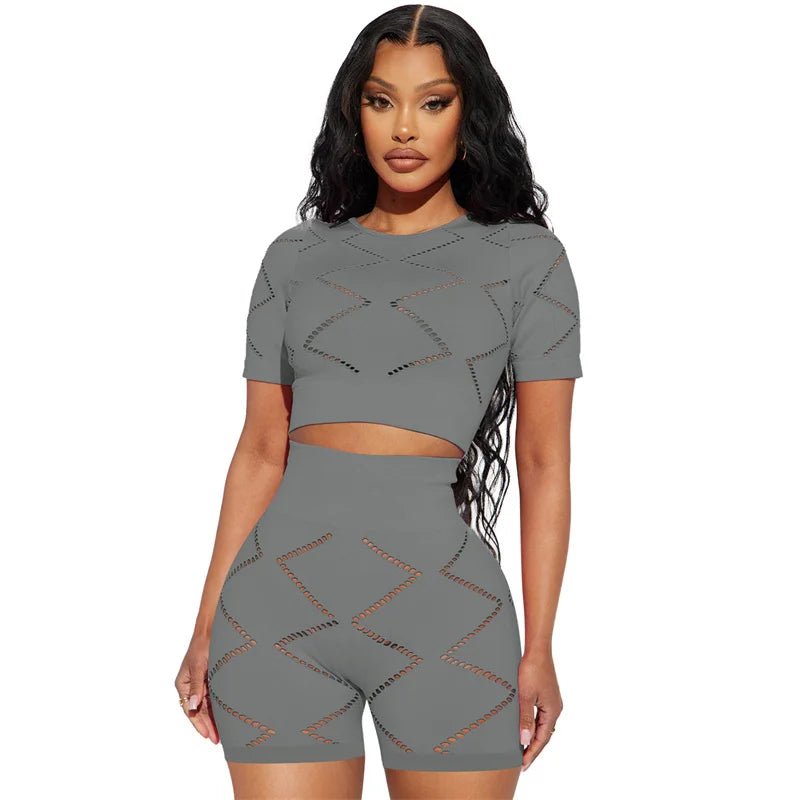 Active Wear Short Sets for Women Two Piece Outfits 2023 Summer Hollow Out Short Sleeve Crop Top and Shorts Suits Tracksuit Sport
