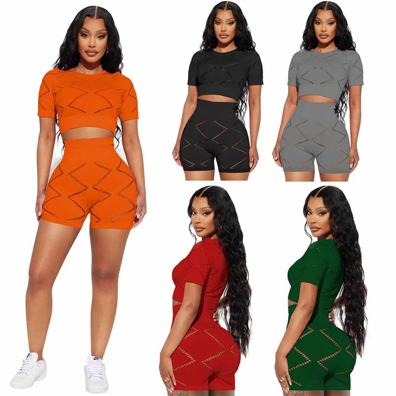 Active Wear Short Sets for Women Two Piece Outfits 2023 Summer Hollow Out Short Sleeve Crop Top and Shorts Suits Tracksuit Sport