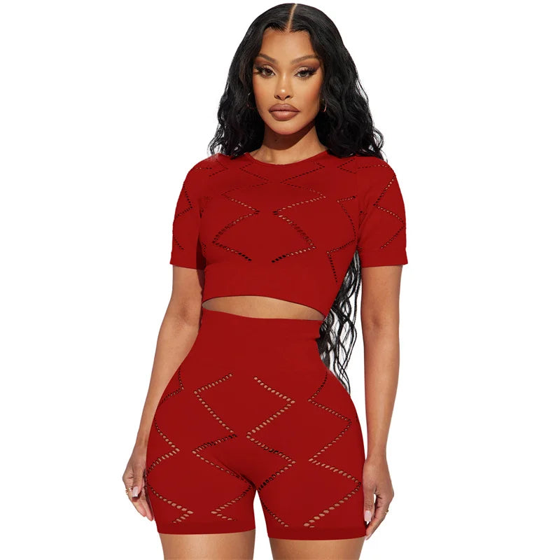 Active Wear Short Sets for Women Two Piece Outfits 2023 Summer Hollow Out Short Sleeve Crop Top and Shorts Suits Tracksuit Sport