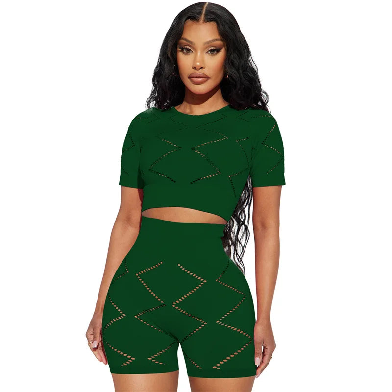Active Wear Short Sets for Women Two Piece Outfits 2023 Summer Hollow Out Short Sleeve Crop Top and Shorts Suits Tracksuit Sport