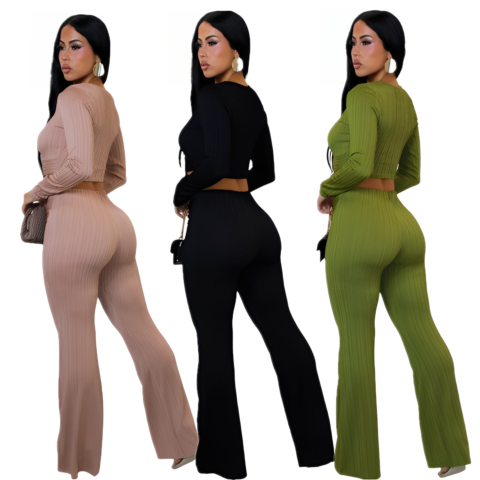 Women's Slim-fit Sexy Hollow-out Top And Flared Pants Two-piece Set
