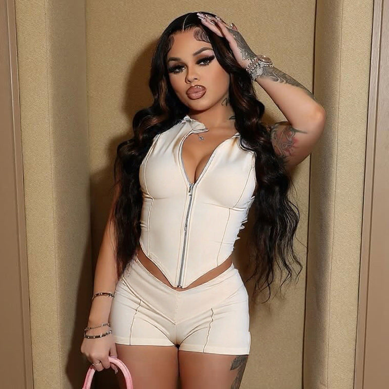 Lapel Sleeveless Line Casual Sexy Bare Midriff High Waist Close-fitting Shorts Suit