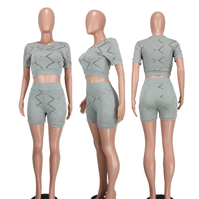 Active Wear Short Sets for Women Two Piece Outfits 2023 Summer Hollow Out Short Sleeve Crop Top and Shorts Suits Tracksuit Sport