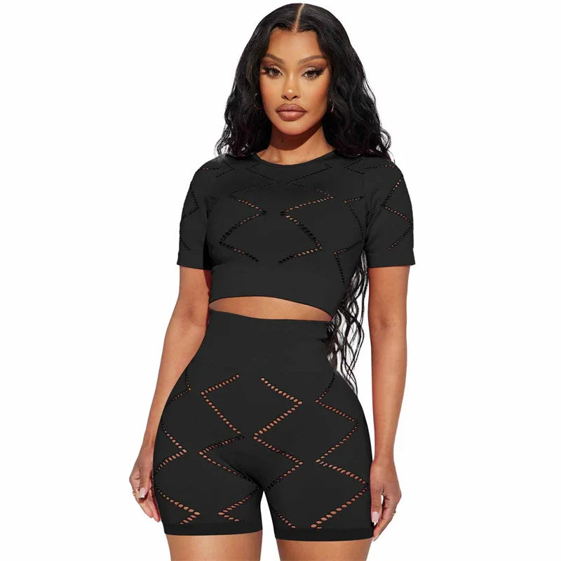 Active Wear Short Sets for Women Two Piece Outfits 2023 Summer Hollow Out Short Sleeve Crop Top and Shorts Suits Tracksuit Sport